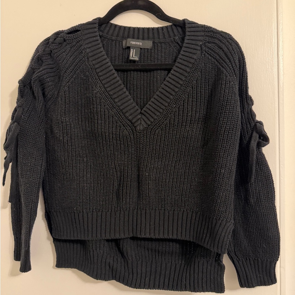 Ribbon Sleeve V-Neck Sweater
